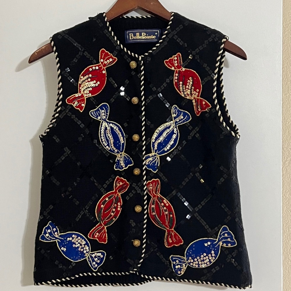 Vtg BellePointe Christmas Sweater Vest Candy Beaded Novelty 90s Women's Small